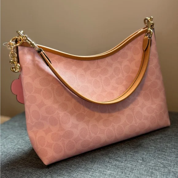Coach Laurel Powder Pink Signature Shoulder Bag with Floral Charm - Picture 3 of 8